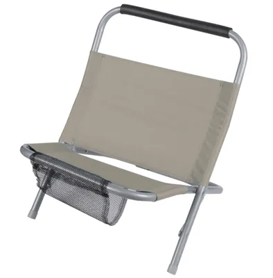 A taupe folding beach chair with a silver frame and a black handle.
