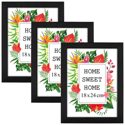 Produktbild von MG Design Set aus 3 Schwarz Bilderrahmen 18 x 24 cm - Aus echtem Holz mit Acrylglas, zum Aufhängen & Aufstellen, für Fotos, Poster & Puzzle