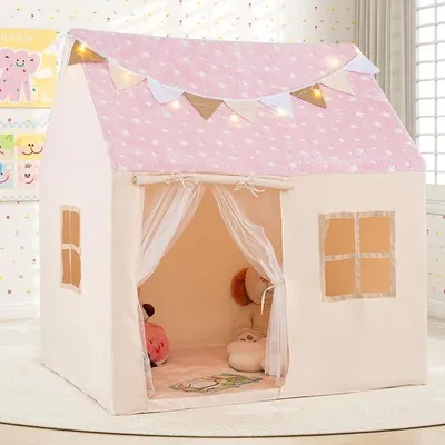 Imagen del producto de Tienda de juegos para niños, tienda con luces de estrellas, banderas y alfombra acolchada, gran casa de juegos con cortinas de mosquitera y ventanas, tienda de juegos para niños a partir de 3 años (rosa)