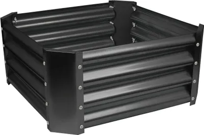 A square raised garden bed made of corrugated metal.