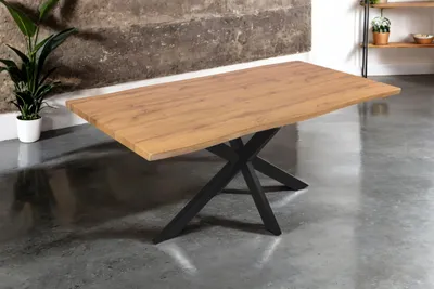 A wooden dining table with a black spider leg base is shown in a room with a concrete wall and a plant.