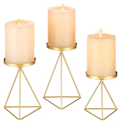 Produktbild von Kerzenständer Set aus Metall für Stumpenkerzen, 3er Set in Gold, Vintage Tischdeko für Hochzeit, Wohnzimmer und Weihnachten
