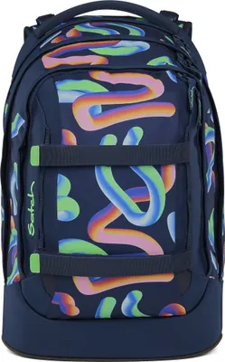 A navy blue backpack with a colorful abstract pattern.