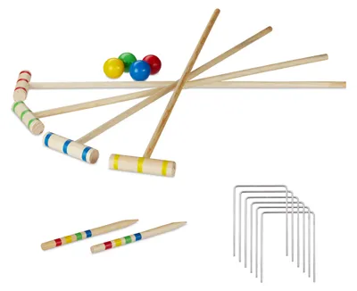 Productafbeelding van Relaxdays Krocketspel, voor 4 spelers, geschikt voor kinderen en volwassenen, complete set met tas, houten krocketset, slagstokken 78 cm, naturel