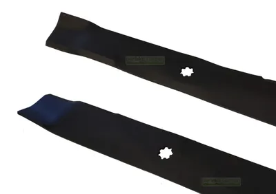 Two black lawnmower blades are shown against a white background.