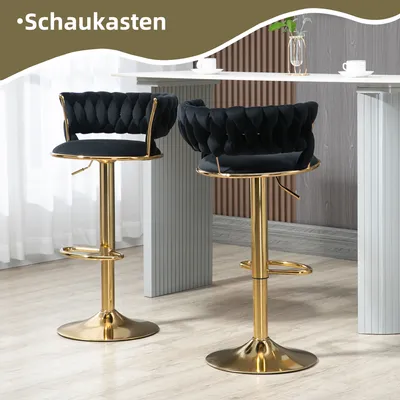 Produktbild von Abrihome Barhocker 2er-Set, Gepolstert Barstühle mit Samtbezug, Drehstühle mit Rückenlehne und Fußstütze, Schwarz
