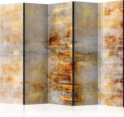 A multi-panel room divider with a concrete-like texture and abstract golden-brown markings.