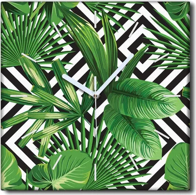 Produktbild von Coloray Uhr auf Leinwand 30x30 cm Wand Uhr Dekoration Wohnzimmer Segeltuch weiße Zeiger -Palm verlässt Tropen