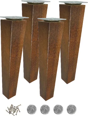 A set of four tapered metal legs with a rustic, weathered metal finish, each topped with a square mounting plate. Below the legs are a pile of screws and four round felt pads.