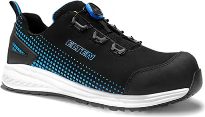 A single black and blue safety shoe is shown against a white background.