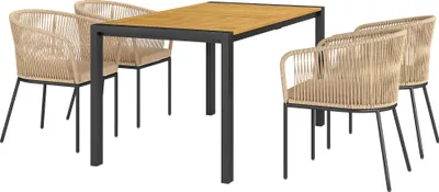 Produktbild von 5-teiliges Gartenmöbel-Set, 4 Stühle, 1 Tisch, Kunst-Rattan, Stahlgestell, waschbare Kissen, für Terrasse, Khaki