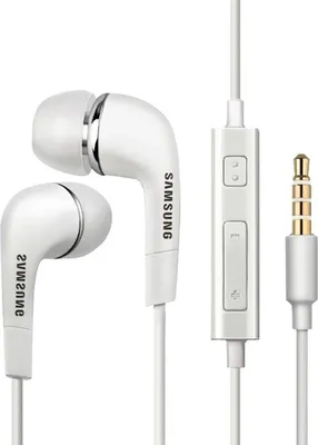 A pair of white Samsung earphones with a gold connector and a white inline remote control.