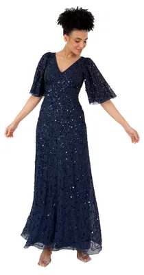 Produktbild von Maya Deluxe Damen Maxikleid mit V-Ausschnitt, kurzen Puffärmeln und Paillettenbesatz