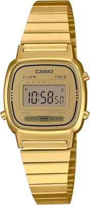 A close-up studio shot of a gold digital watch.