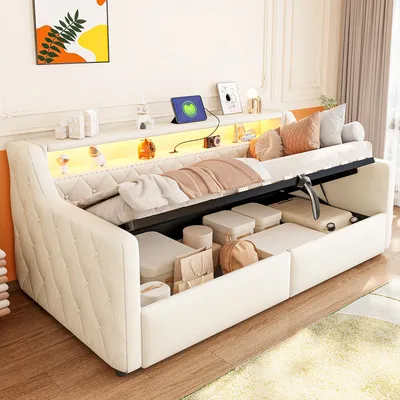 Produktbild von Flieks Schlafsofa 90x200cm mit USB und Type-c, Hydraulisches Polsterbett Tagesbett mit Led, Jugendbett Stauraumbett mit Ablage, Leinen, Beige