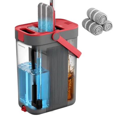 Produktbild von SONGMICS Wischmopp-Set mit Eimer, Bodenwischer, Frisch- und Schmutzwassertrennung, drehbarer Wischkopf, 3 Bezüge, grau-rot