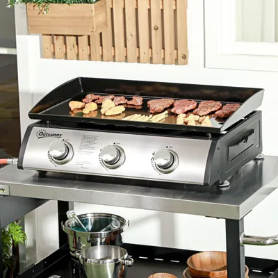 Zdjęcie produktu dla Grill Gazowy, Grill Stołowy Bbq Z 3 Palnikami, Stołowy Grill Gazowy Z Wężem, Pokrywką, Grill Kempingowy Do Ogrodu, Stal Nierdzewna, Metal, Czarny, 63 X 47 X 25 Cm