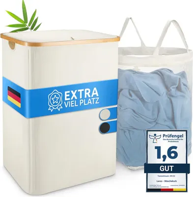 Produktbild von Hochwertiger Wäschekorb beige100 l Bambus und Stoff