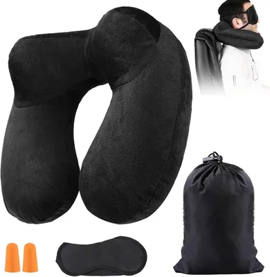 Produktbild von Superleichtes, aufblasbares Reisekissen mit Maske, Ohrstöpseln und Tasche, geeignet für Flugzeug, Auto, Zuhause oder Büro, schwarz