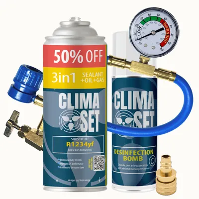 Obrázek produktu pro Sada klimatizace do auta 3v1 R1234yf 470 g, osvěžovač klimatizace, hadice s manometrem, adaptér YF