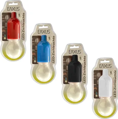 Four LED pull lights in their original packaging, each in a different color: red, blue, black, and white.