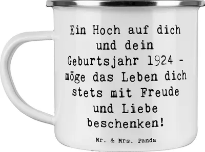 Produktbild von Mr. & Mrs. Panda Emaille Tasse Spruch 1924 Geburtstag - Weiß - Geschenk, Geburtstagsbotschaft, Becher, Geburtstagsgeschenk, Alter, Freude und Liebe, Pott, Haferl