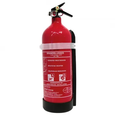 A red fire extinguisher is shown against a white background, mounted in a black bracket.