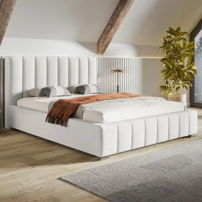 Produktbild von MOTIVENA Vigo Polsterbett 180x200 mit Bettkasten, Metall Lattenrost, Bett 180x200 Weiß Boucle (Catch Me 01)