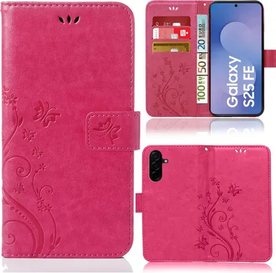 Produktbild von Handytasche für Samsung Galaxy S25 FE Schutz Hülle Handyhülle mit Blumenmuster Klapp Hülle mit Standfunktion und Kartenfächer Farbe: Pink