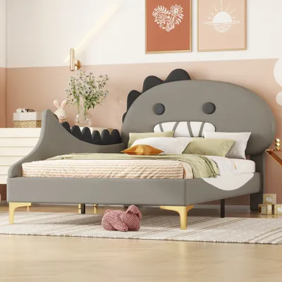 Produktbild von MODFU Kinderbett 90×200 mit Dinosaurier Design, modernes Polsterbett aus Polyurethanund MDF, Einzelbett Grau Bettrahmen mit Cartoon Kopfteil (Ohne Matratze)