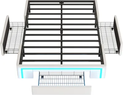 Produktbild von Bettgestell 140x200 cm Beige Ohne Matratze Mit Schubladen Kunstleder LED Lichtleiste Plattformbett Einzelbett Jugendbett Gaestebett Erwachsenenbett