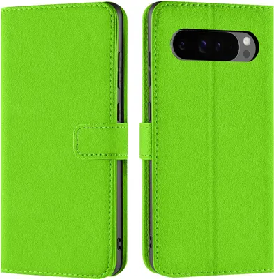 A bright green book-style phone case is shown from the front and back.