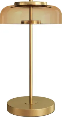 Produktbild von Tischlampe Tischleuchte mit warmem LED-Licht, Metallsockel, bernsteinfarbenem Glasschirm, Ø23 x 40H cm, Gold