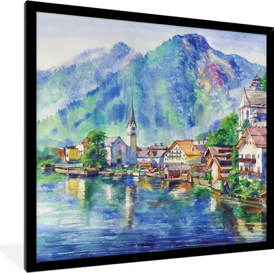 Produktbild von MuchoWow® Gerahmtes Poster Gemälde - Ölfarbe - Haus - Berge - Wasser 40x40 cm - Poster mit Schwarzem Bilderrahmen Wandposter Rahmen Foto Bilder - Mit Rahmen - Wanddekoration Schlafzimmer