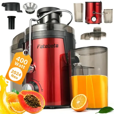 A collage of a red juicer with various accessories and fruits.