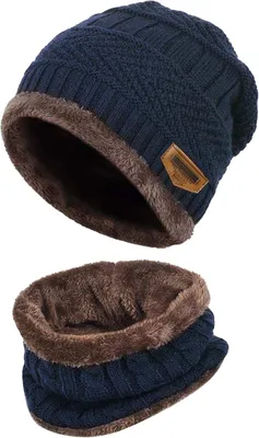 Produktbild von Kinder Wintermütze & Schal Set, warme Strick-Beanie mit Fleecefutter, Slouchy Beanie für Jungen & Mädchen, 2–8 Jahre, Navy (A0478)