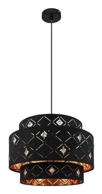 Produktbild von Globo Lighting Hängeleuchte Metall schwarz matt, Textil schwarz, Acrylkristalle klar, Kabel PVC Schwarz, Höhe kürzbar, Schirm innen gold, ø: 400mm, H: 1400mm, exkl. 1x E27 60W 230V