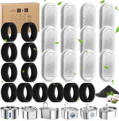 Image de Filtre à eau pour chat, filtre à 3 couches avec charbon actif et éponge pour éliminer les poils et les odeurs, lot de 24, 3,2 L/2 L