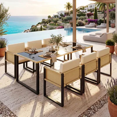 Produktbild von Polyrattan Esstisch-Set für 6 Personen – Gartenmöbel Essgruppe mit Sesseln, abnehmbaren & waschbaren Stoffbezügen, Terrassenmöbel-Set für Terrasse & Garten