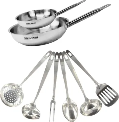 Image de Set de 2 poêles de 20 et 28 cm en inox et 6 ustensiles inox Fackelmann Eterna