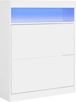 Produktbild von HOMCOM Flur-Schuhregal, freistehender oder wandmontierter Schuhschrank mit LED-Leuchten, offenem Regal und 2 klappbaren Schubladen für 12–16 Paar Schuhe, 80 x 24 x 99,5 cm, glänzendes Weiß