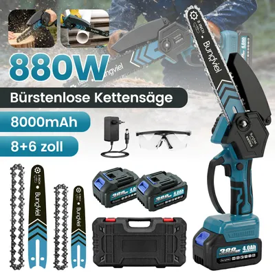 Produktbild von 8+6 Zoll Mini Akku Kettensäge Bürstenloser Handkettensäge mit 2 Akkus+Ladegerät