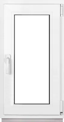 A white PVC window with a clear glass pane and a white handle.