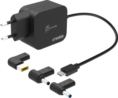 Produktbild von j5create JUP1565DCE3A-EN GaN-PD-USB-C®-Mini-Ladegerät mit 67 Watt und 3 EU-konformen DC-Steckverbindertypen, Schwarz