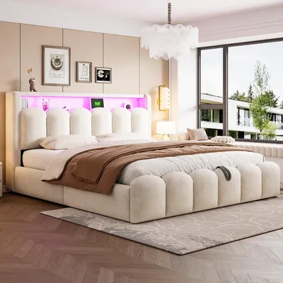 Produktbild von okwish Polsterbett 180×200 Doppelbett ohne Matratze,Bettgestell mit Stauraum im Kopfteil und USB+Typ-C-Anschlüssen,Stauraumbett mit LED aus Samtstoff,Beige