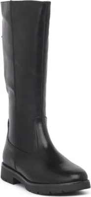 A black leather boot is shown against a white background.