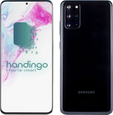 A front and back view of a black Samsung Galaxy S20+ smartphone, displayed side-by-side.