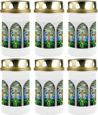 Produktbild von Grabkerze Weiß 6er Pack, Brenndauer: 48 Stunden ( je Kerze ), Motiv: Fenster Weiss
