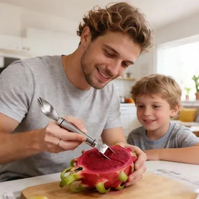 Produktbild von Wassermelonenschneider mit Gabel- und Obstscherenfunktion zum Schneiden von Obst, Wassermelonen, Mangos, Pitaji und Papai für Partys, zu Hause, in der Küche, beim Picknick und Camping