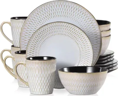 Image de Velentino Service de table - 16 pièces - 4 personnes - Gris - Assiettes plates, assiettes creuses & assiettes à déjeuner - Vaisselle élégante en céramique